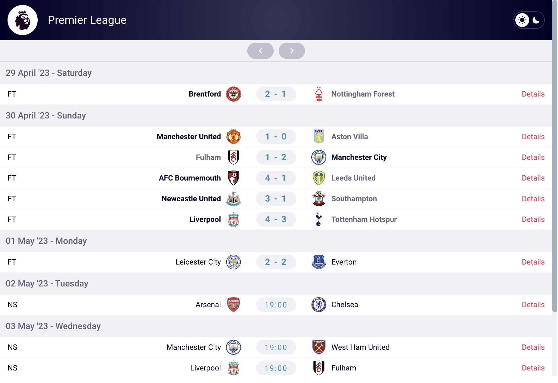 The Premier League schedule displayed in our schedule widget.