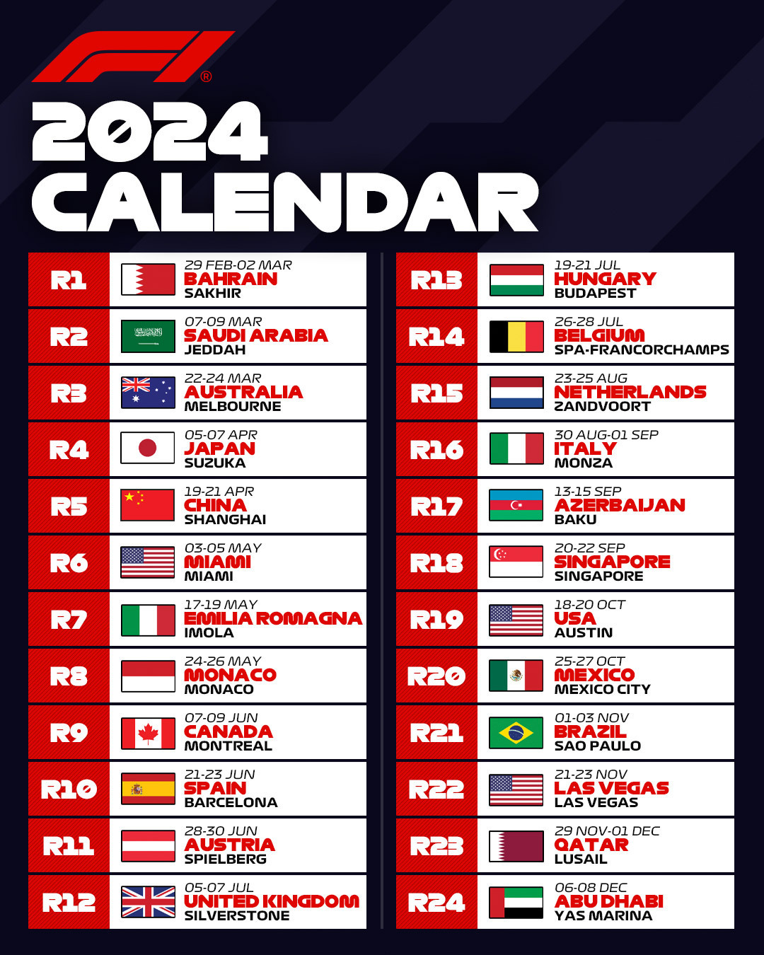 Map Formula 1 Circuit Season Calendar 2024 cocogarage.jp