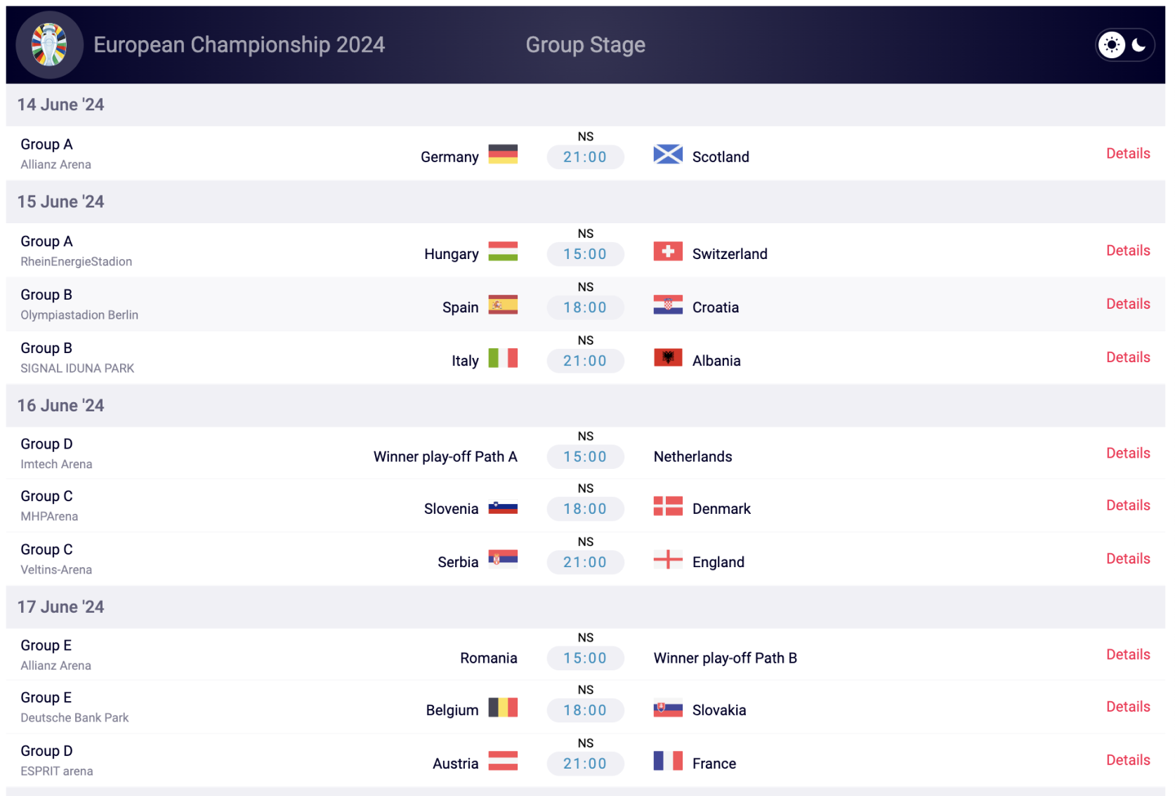 uropean Championship 2024 Livescore widget