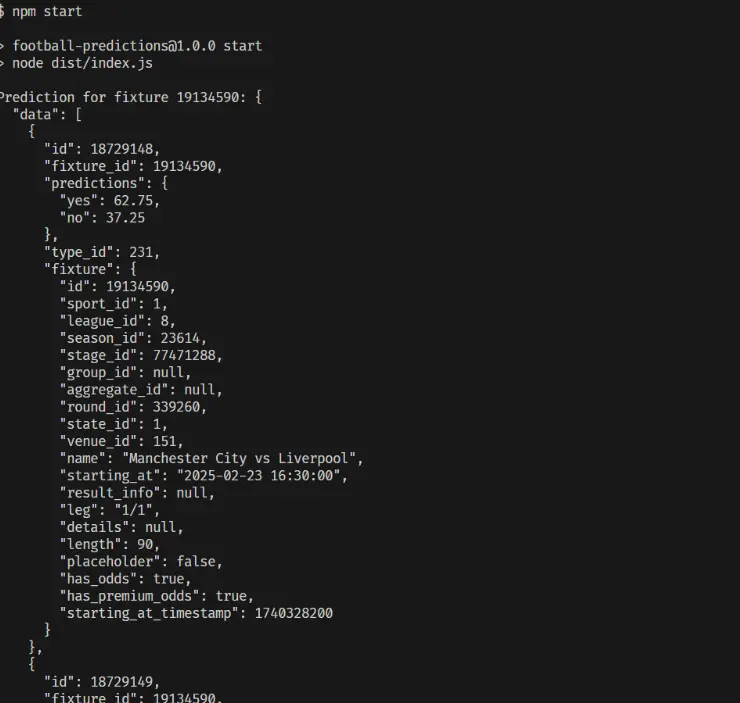 api result in console for fixture data