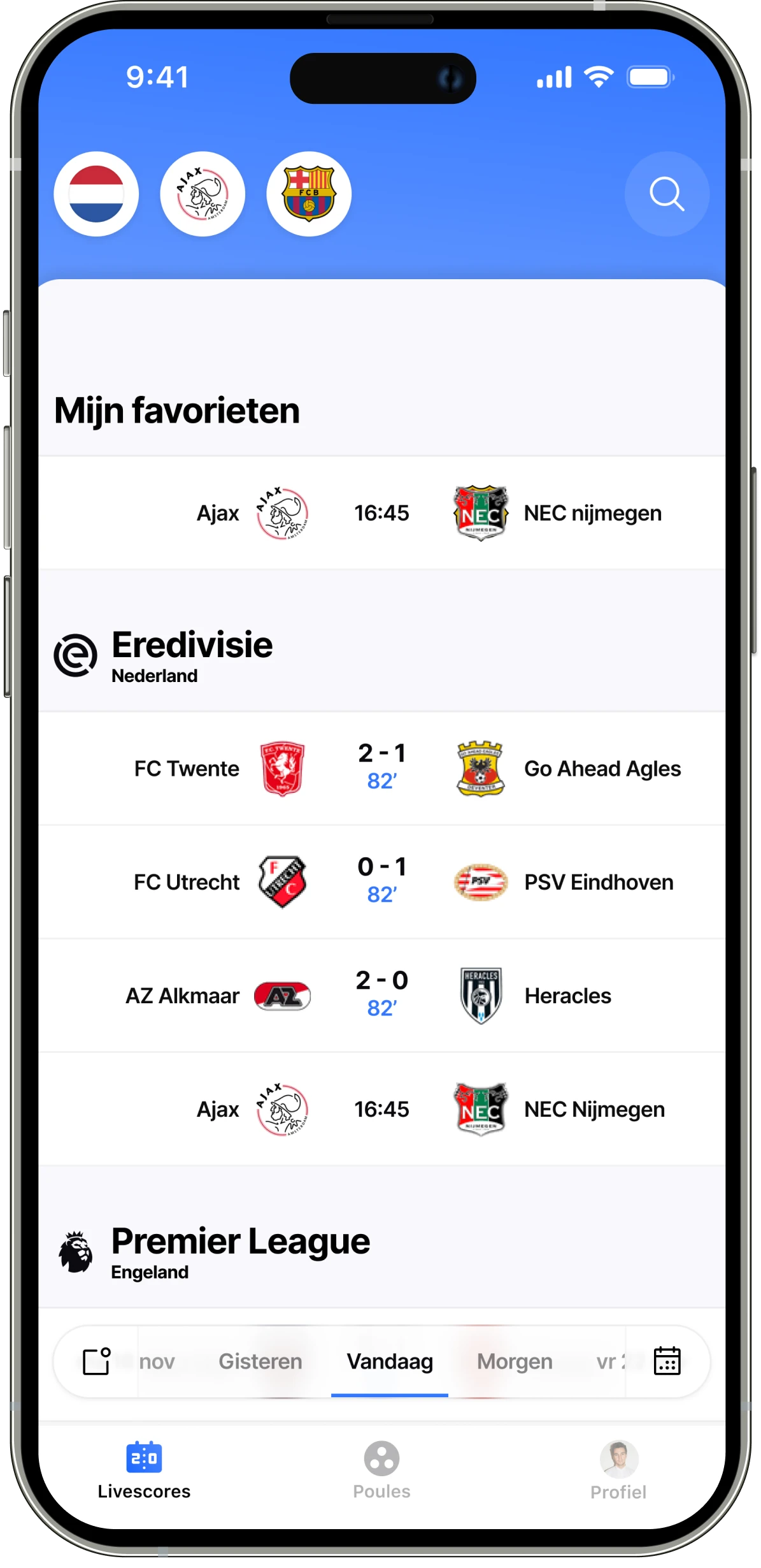 Sportspoule livescores screen powered by Sportmonks