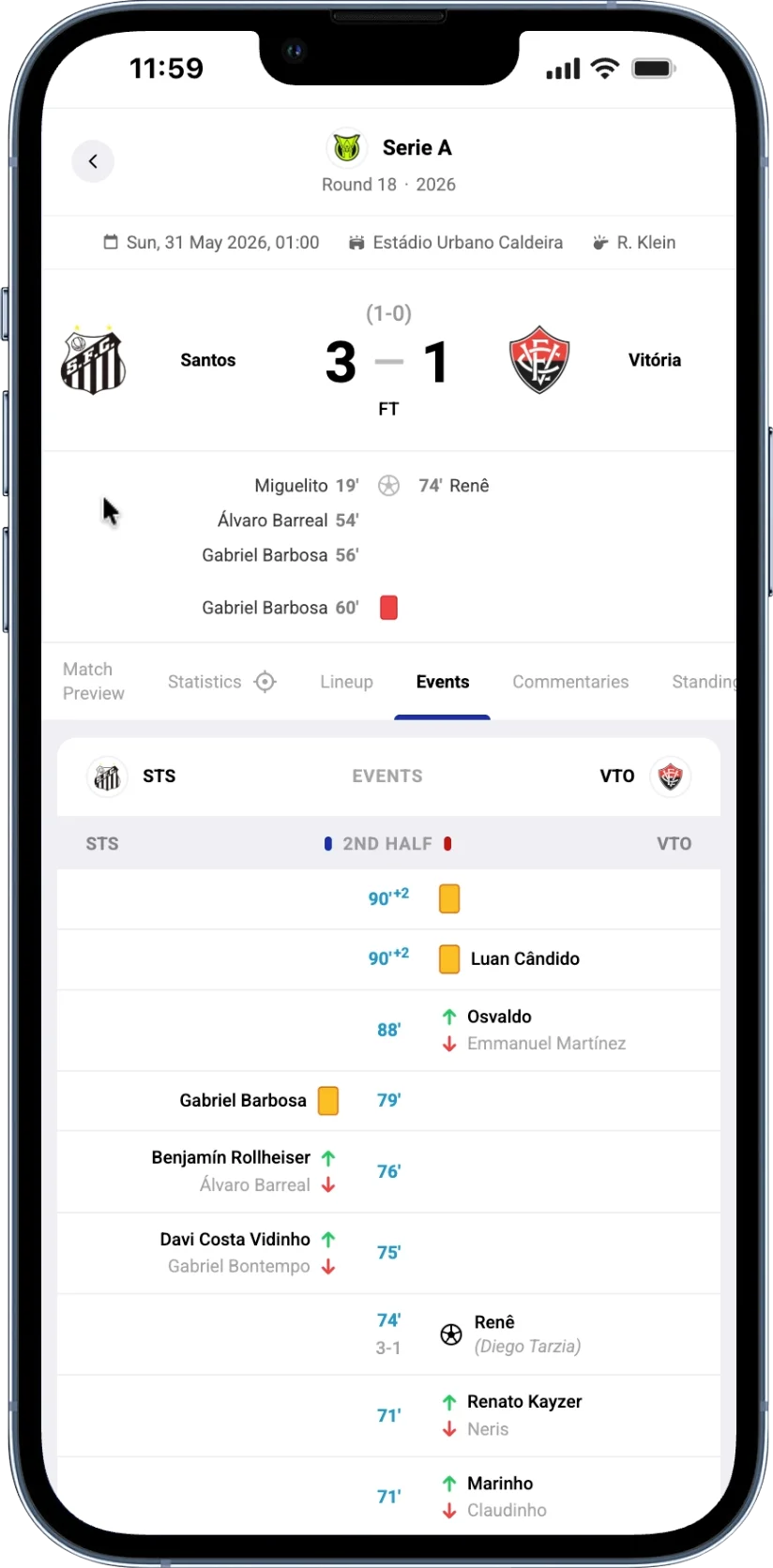 Phone mockup of the Coritiba 3-2 Bahia events timeline. Goals: Tiago Cóser own goal 26 minutes (0-1 Bahia), Bruno Melo 56 minutes assisted by Josué (1-1), Joaquín Lavega 65 minutes (2-1 Coritiba), Breno Lopes 68 minutes assisted by Joaquín Lavega (3-1 Coritiba), Everaldo 90 minutes assisted by Everton Ribeiro (3-2 Bahia). Yellow cards visible: Nicolás Acevedo 30, Martim 58, William Gomes 78, Román Gómez 90, Ademir 90. Substitutions visible from 45 minutes onwards including João Paulo for Léo Vieira, William Gomes for Pepê, Ademir for Mateo Sanabria, Everaldo for Willian José, Michel Araújo for Jean Lucas, Fabinho for Joaquín Lavega, Vini Paulista for Josué.
