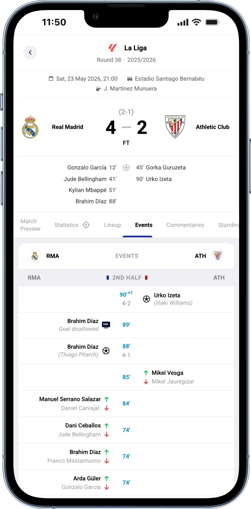 Phone mockup of the FC Barcelona 2-0 Real Madrid events timeline. Goals: Marcus Rashford 9 minutes (1-0 Barcelona), Ferran Torres 18 minutes assisted by Dani Olmo (2-0 Barcelona). Yellow cards: Eduardo Camavinga 40, Dani Olmo 52, Raúl Asencio 52, Jude Bellingham 55, Raphinha 81, Trent Alexander-Arnold 81. Substitutions visible from 64 minutes onwards: Frenkie de Jong for Dani Olmo, Raphinha for Marcus Rashford, Thiago Pitarch for Eduardo Camavinga, Lewandowski for Ferran Torres, Alejandro Balde for Fermín López.