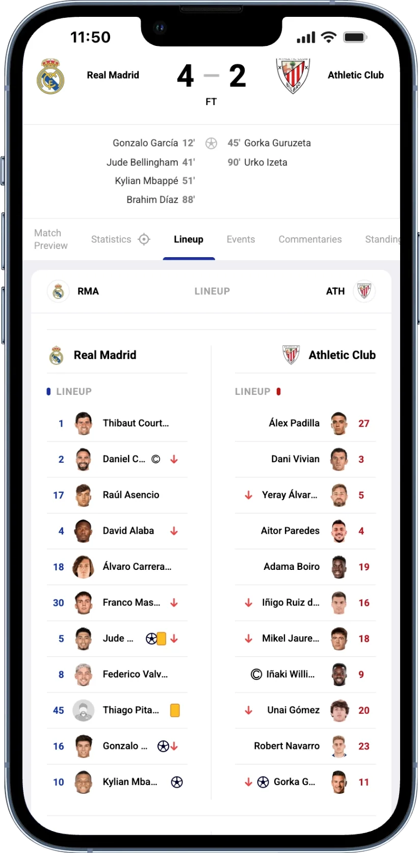 Phone mockup of the FC Barcelona vs Real Madrid lineups screen. Barcelona starting XI: Joan García 13 (goalkeeper), João Cancelo 2, Pau Cubarsí 5, Eric García 24, Gerard Martín 18, Pedri 8, Gavi 6, Fermín López 16, Marcus Rashford 14 (goal), Ferran Torres 7 (goal), Dani Olmo 20. Barcelona bench: Balde 3, Araujo 4, Lewandowski 9, Raphinha 11, Casadó 17, Bardghji 19, de Jong 21, Bernal 22. Real Madrid starting XI: Thibaut Courtois 1 (goalkeeper), Trent Alexander-Arnold 12, Antonio Rüdiger 22, Raúl Asencio 17, Fran García 20, Eduardo Camavinga 6 (yellow), Aurélien Tchouaméni 14, Jude Bellingham 5 (yellow), Brahim Díaz 21, Gonzalo García 16, Vinicius Junior 7. Real Madrid bench: Alaba 4, Lunin 13, Carreras 18, Huijsen 24, Mastantuono 30.