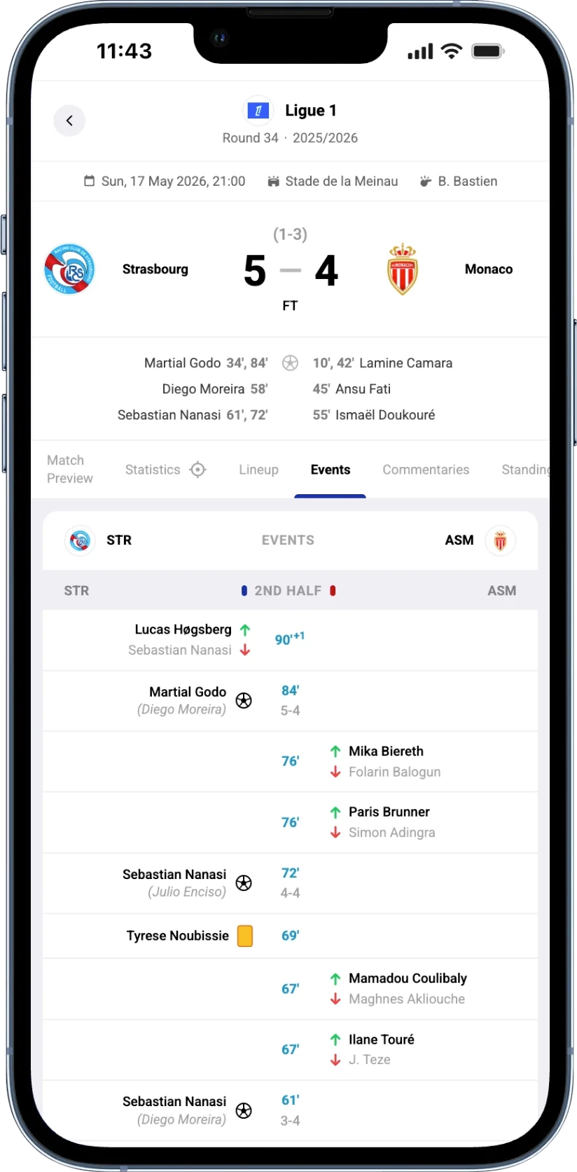 Phone mockup of the Paris Saint Germain 2-0 Lens events timeline. Goals: Bradley Barcola 15 minutes assisted by Vitinha (1-0 PSG), Bradley Barcola 51 minutes assisted by Vitinha (2-0 PSG). Yellow cards: Édouard 5, Thauvin 18, Gonçalo Ramos 38. Substitutions visible from 30 minutes onwards including Ibrahim Mbaye for Kvaratskhelia, Senny Mayulu for Kang-in Lee, Abdallah Sima for Guilavogui, Saud Abdulhamid for Aguilar, João Neves for Zaïre-Emery, Fabián Ruiz for Barcola, Nuno Mendes for Beraldo.