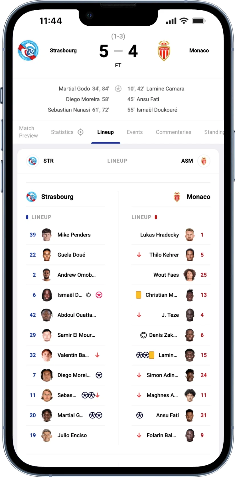 Phone mockup of the Paris Saint Germain vs Lens lineups screen. PSG starting XI: Lucas Chevalier 30 (goalkeeper), Achraf Hakimi 2, Ilya Zabarnyi 6, Lucas Beraldo 4, Lucas Hernández 21, Vitinha 17, Warren Zaïre-Emery 33, Kang-in Lee 19, Khvicha Kvaratskhelia 7, Bradley Barcola 29 (two goals), Gonçalo Ramos 9 (yellow). PSG bench: Marquinhos 5, Fabián Ruiz 8, Mayulu 24, Nuno Mendes 25, Safonov 39, Kamara 43, Mbaye 49, Pacho 51. Lens starting XI: Robin Risser 40 (goalkeeper), Ruben Aguilar 2, Jonathan Gradit 24, Malang Sarr 20, Samson Baidoo 6, Matthieu Udol 14, Mamadou Sangaré 8, Adrien Thomasson 28, Florian Thauvin 10 (yellow), Morgan Guilavogui 29, Odsonne Édouard 11 (yellow). Lens bench: Gurtner 1, Bulatovic 5, Sotoca 7, Sima 19, Saïd 22, Abdulhamid 23, Ganiou 25, Bermont 26.